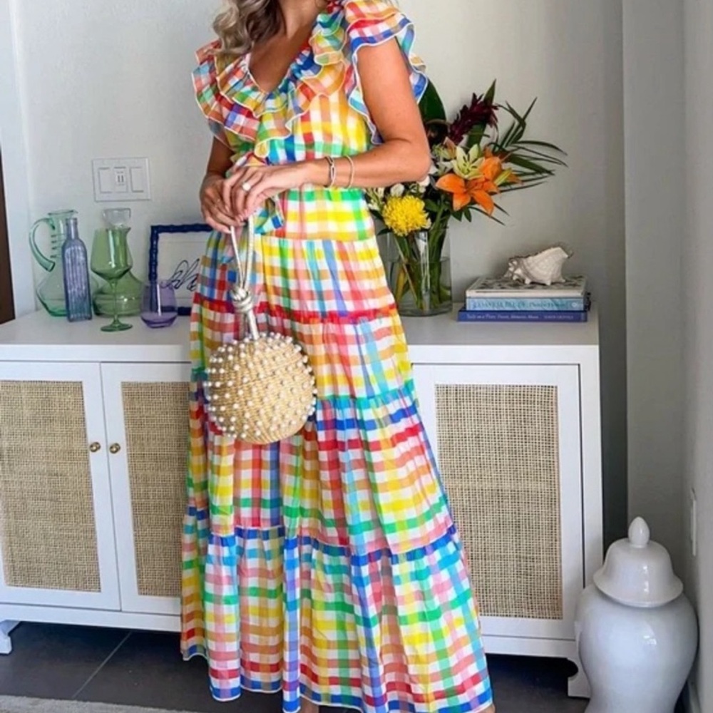 NWOT Eva Franco Perry Maxi Dress in Rainbow Tuscana Plaid, 2